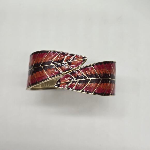 Vintage Statement Cuff Leaf Wrap Bracelet Artistic Enamel Brown Gold Boho Autumn - Picture 1 of 7